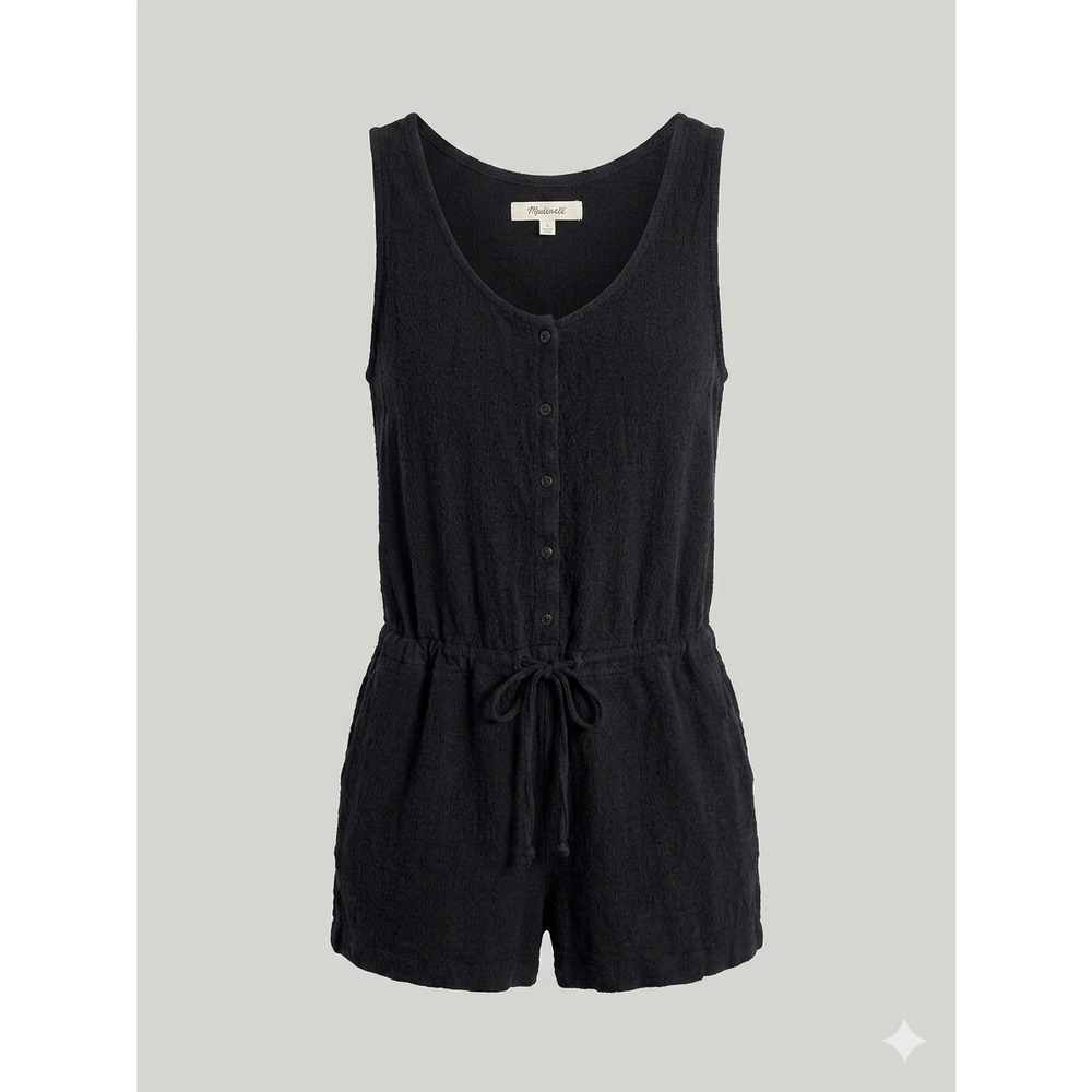 Madewell‎ Cotton Button Front Drawstring Waist Romper Black F3347 S